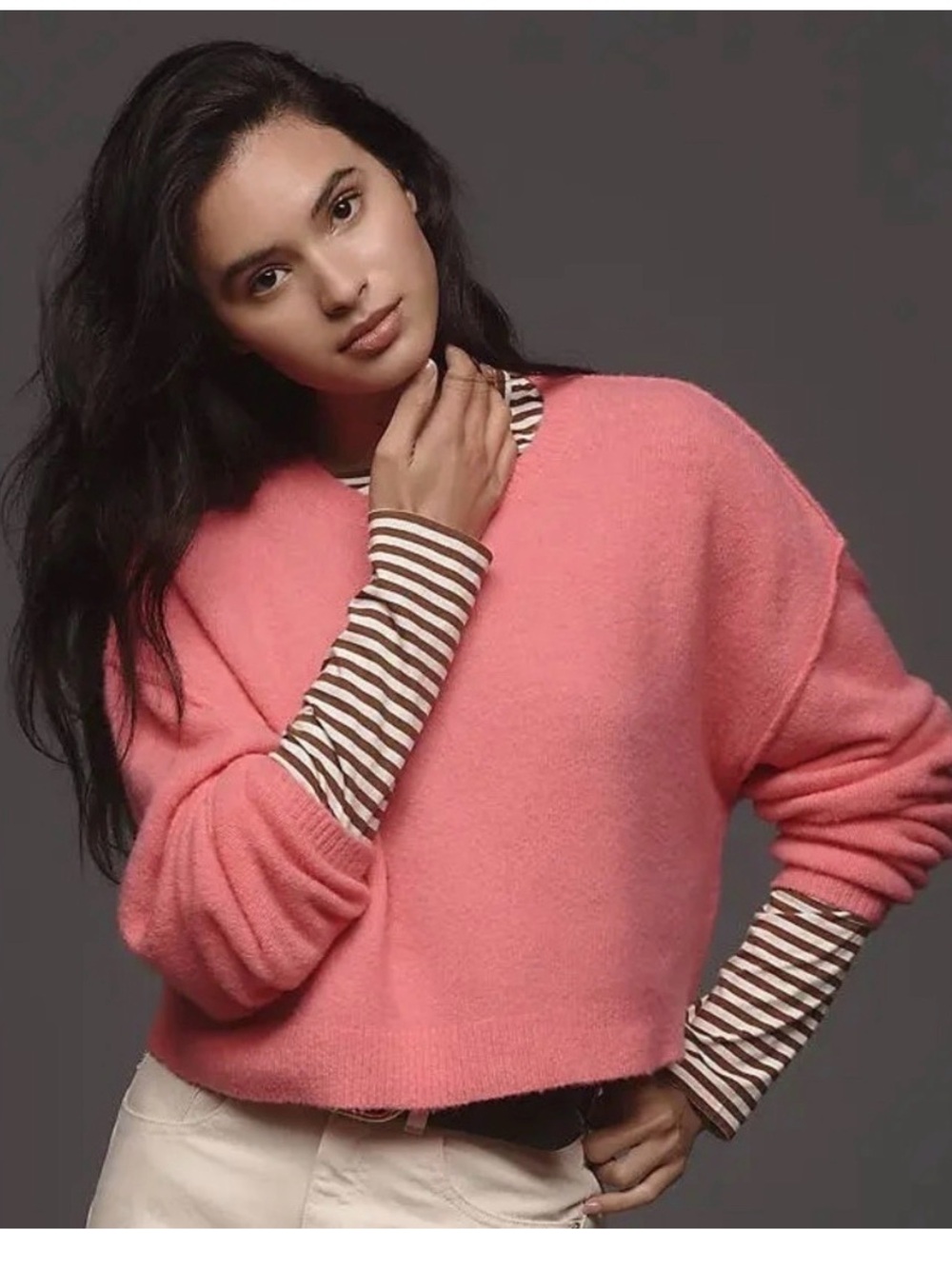 Anthropologie Cropped Coral-Pink Crewneck Sweater